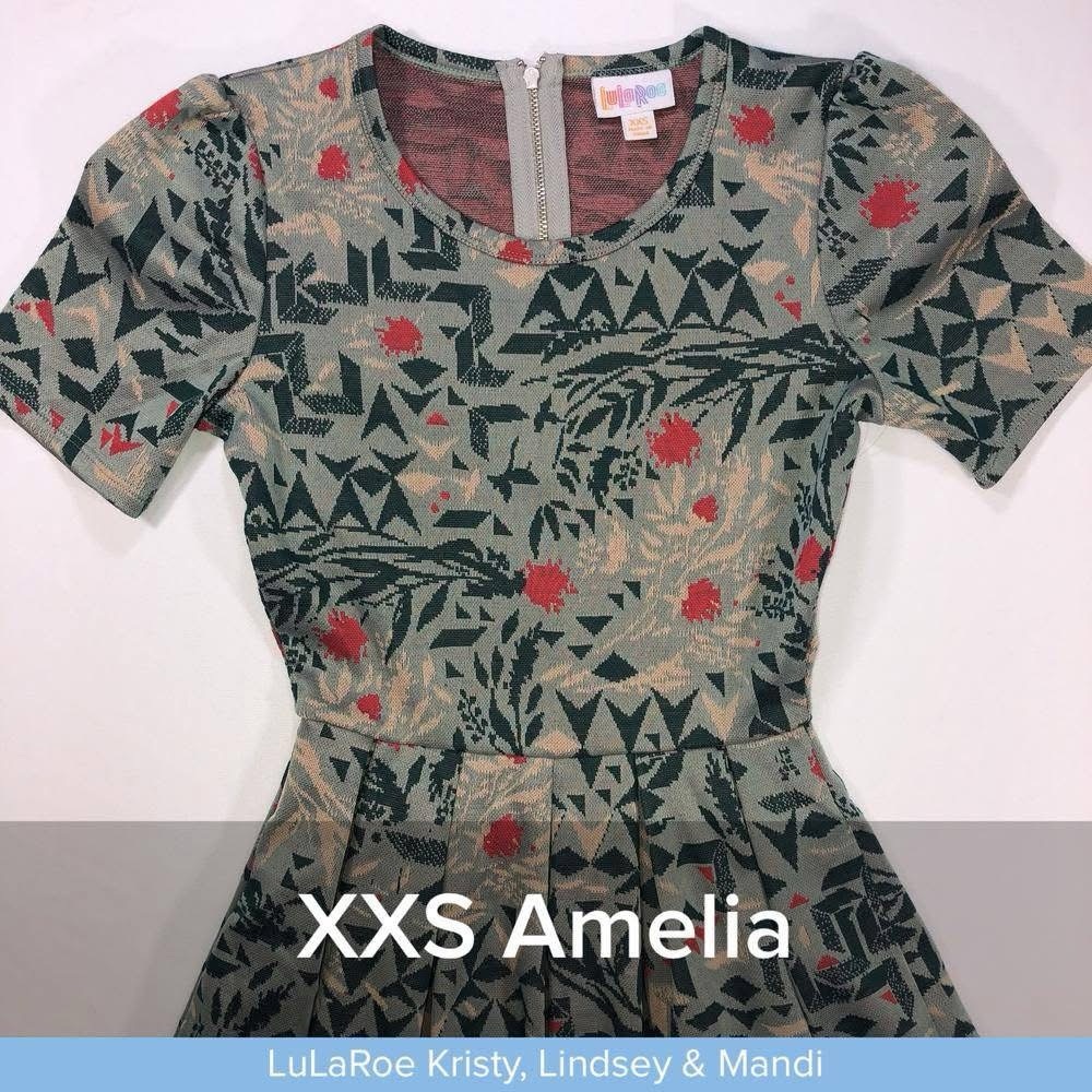 LuLaRoe Amelia Dress with Red and Green Geometric Floral Pattern